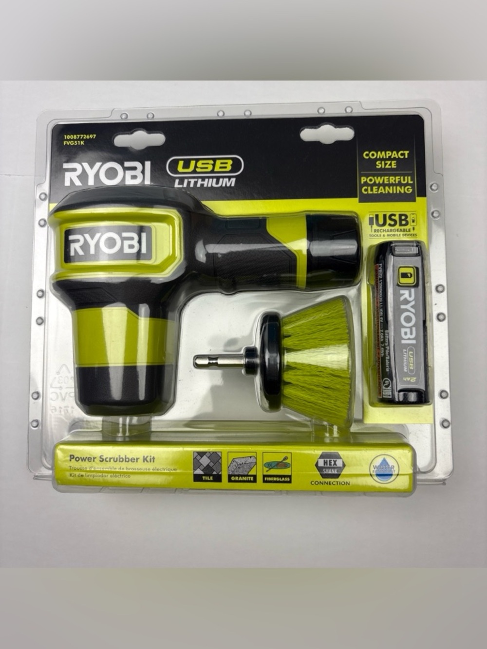 Ryobi Power Scrubber Kit Battery USB Rechargeable Lithium 1008772697 FVG51K New
